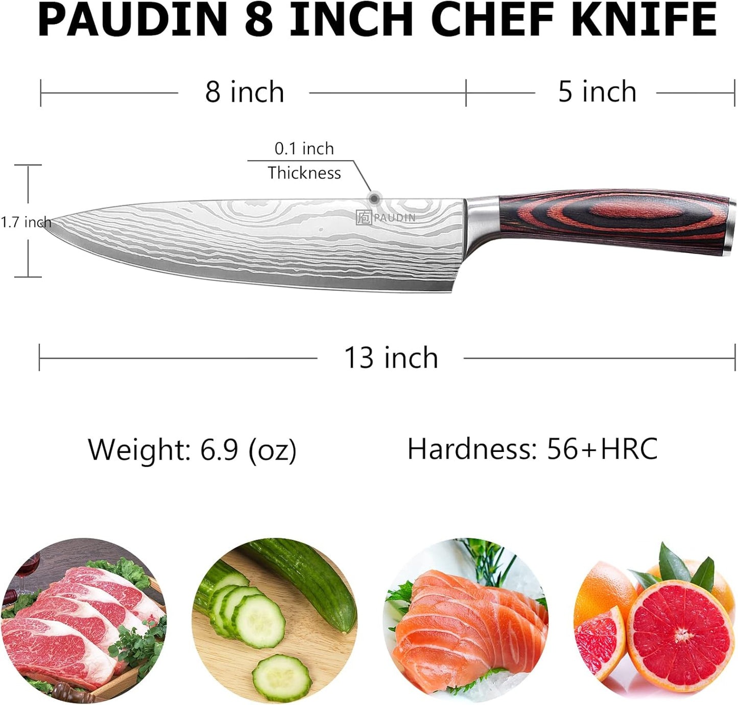 PAUDIN Chef Knife, 8 Inch High Carbon Stainless Steel Sharp Kitchen Knife with Ergonomic Handle, Gift Box for Family & Restaurant