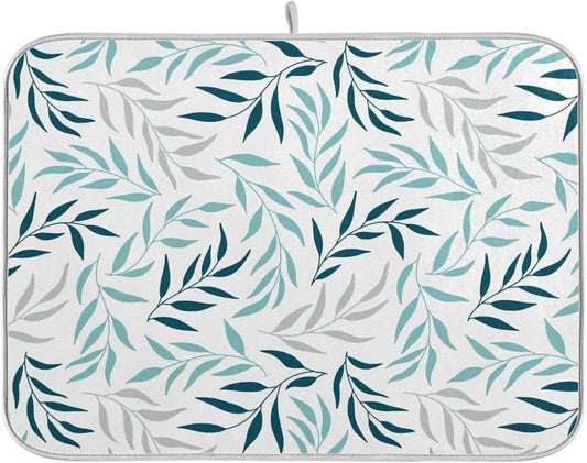 Blue Grey Olive Leaves Dish Drying Mat for Kitchen Counter Absorbent Microfiber Drying Pad, Large 18x24 in, Reversible Drainer Mats