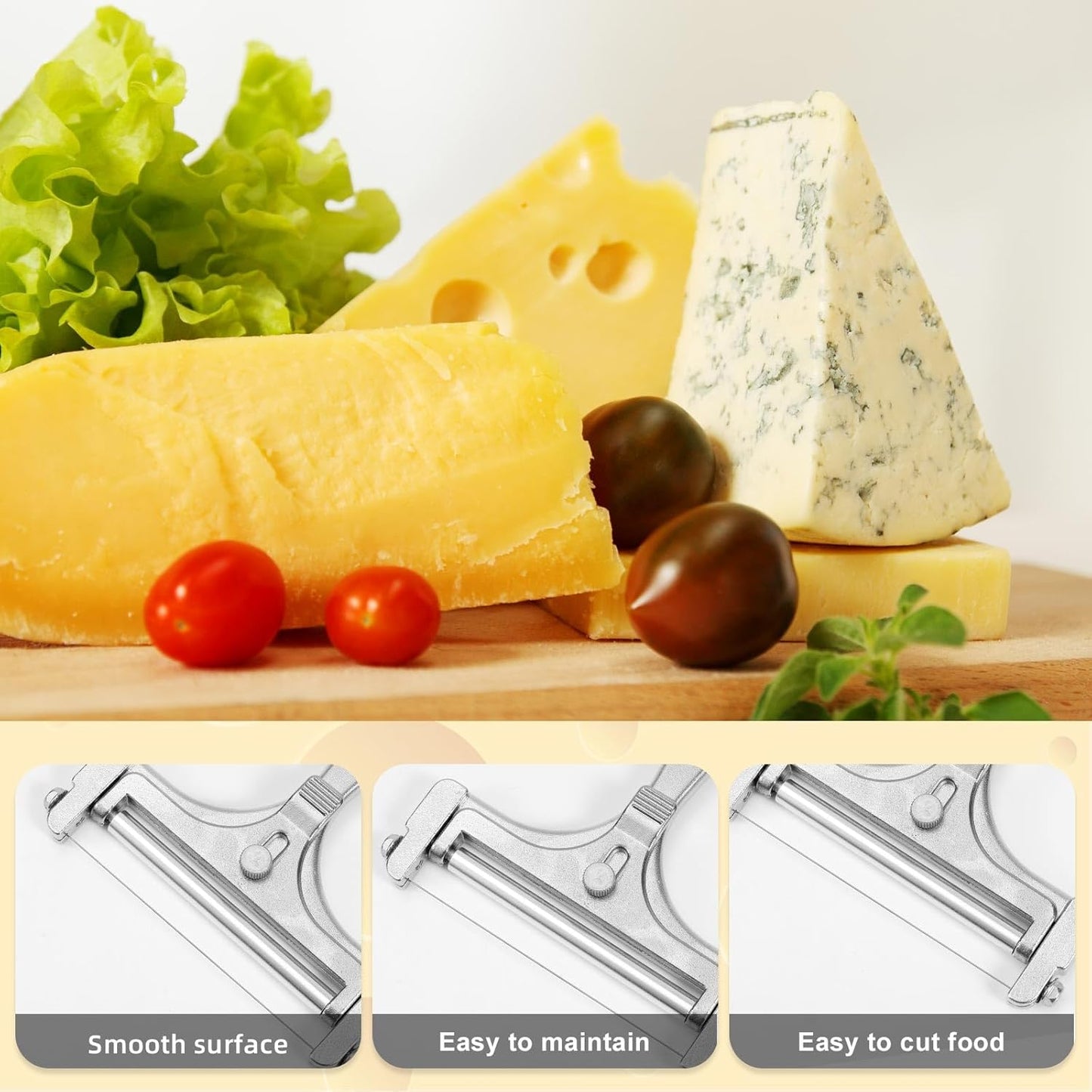 Cheese Cutter, Stainless Steel Cheese Slicer with 4pcs Extra Wires Adjustable Handheld Butter Block Cutter for Cheddar Gruyere Mozzarella Kitchen Slicing Tools