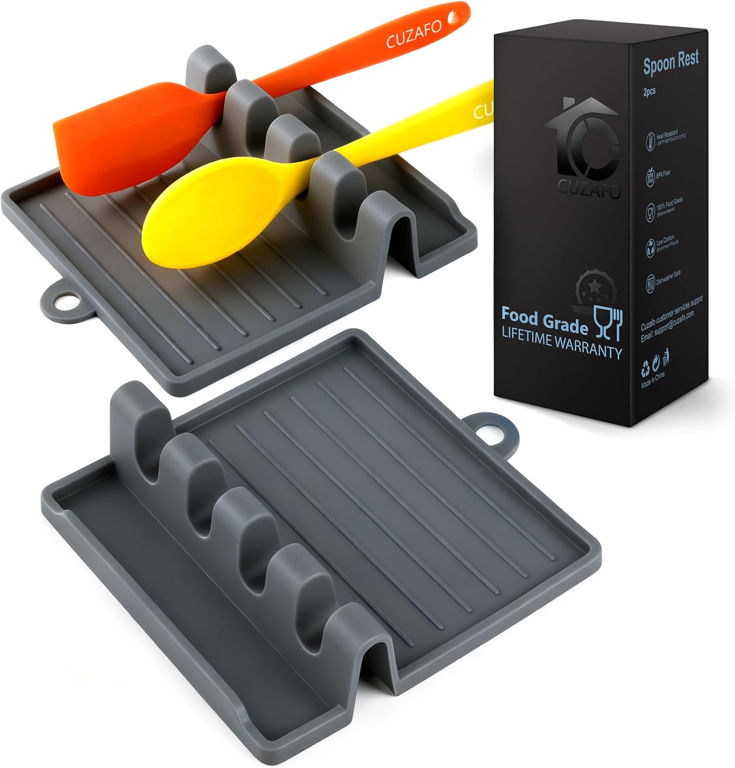 600°F Heat Resistant Silicone Spoon Rest, Multiple Utensil Rest, BPA Free Easy to Clean Dishwasher Safe, (Grey)