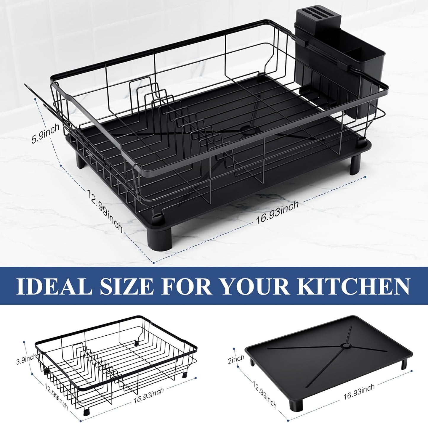 Homaxy Dish Drying Rack for Kitchen Counter (16.93''L x 12.99''W), Space-Saving Dish Drainer Rack Set with Drainboard, Large Dish Rack with Utensil Holder, Cup Rack and Knife Slots, Black