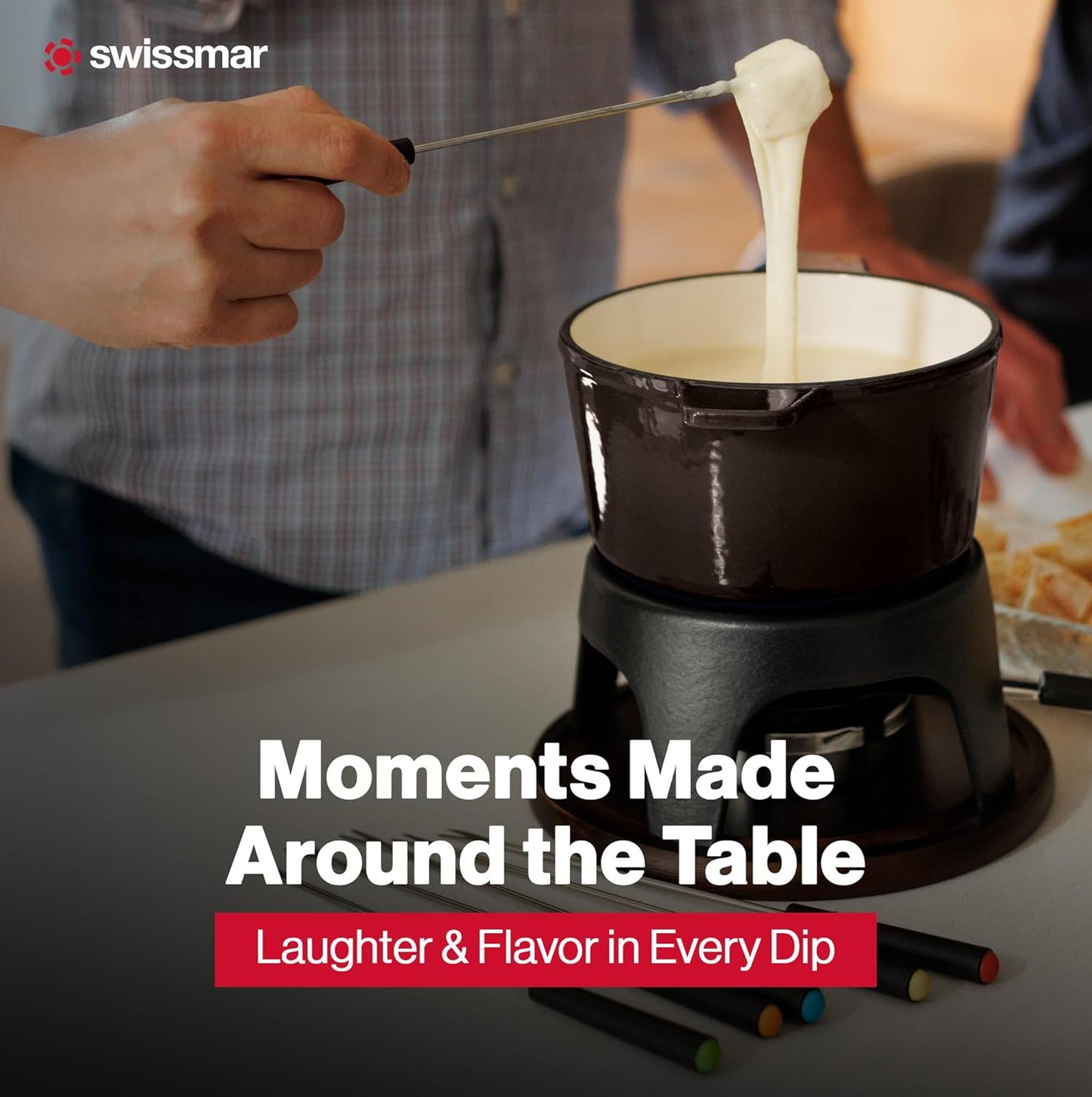 Swissmar Sierra Cast Iron Fondue Set, 1.6 Quart / 1.6 Liter – Perfect for Meat, Cheese, & Chocolate Fondues – Ideal for Family Bonding & Hosting Gifts - 12-Pieces, Metallic Black