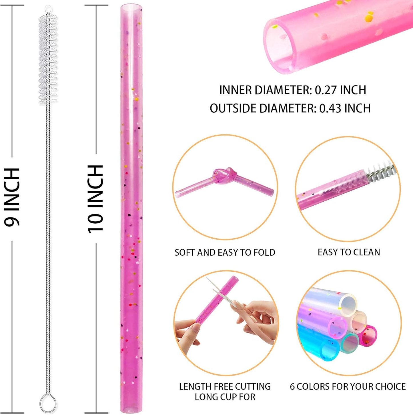 Reusable Silicone Drinking Straws, 12 Pcs Eco Friendly Silicone Straws 2 cleaning Brushes,for 30oz and 20oz Tumblers, Rtic,Yeti, Ozark, (Two-tone Dot, 10 inches)