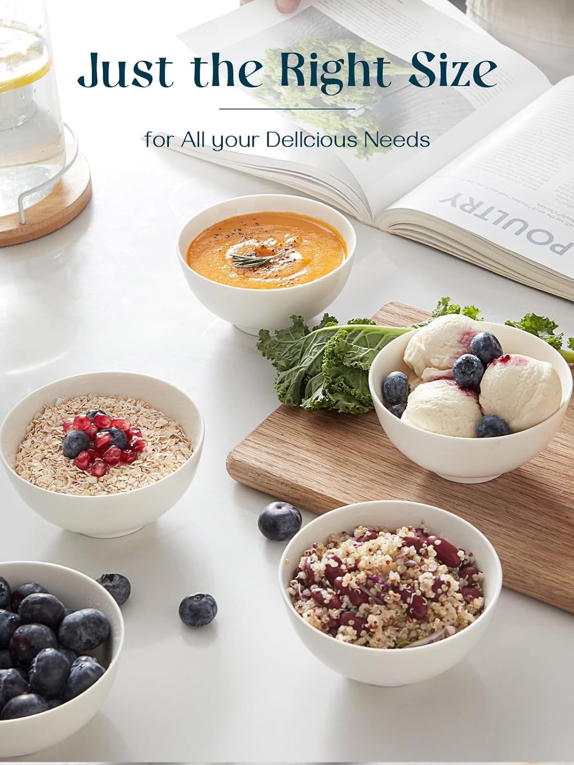 DOWAN 8.5 OZ Small Ceramic Bowls Set of 4 - White Bowls for Dessert, Dip, Side Dishes, Ice Cream, Fruit, Rice - Dishwasher & Microwave Safe