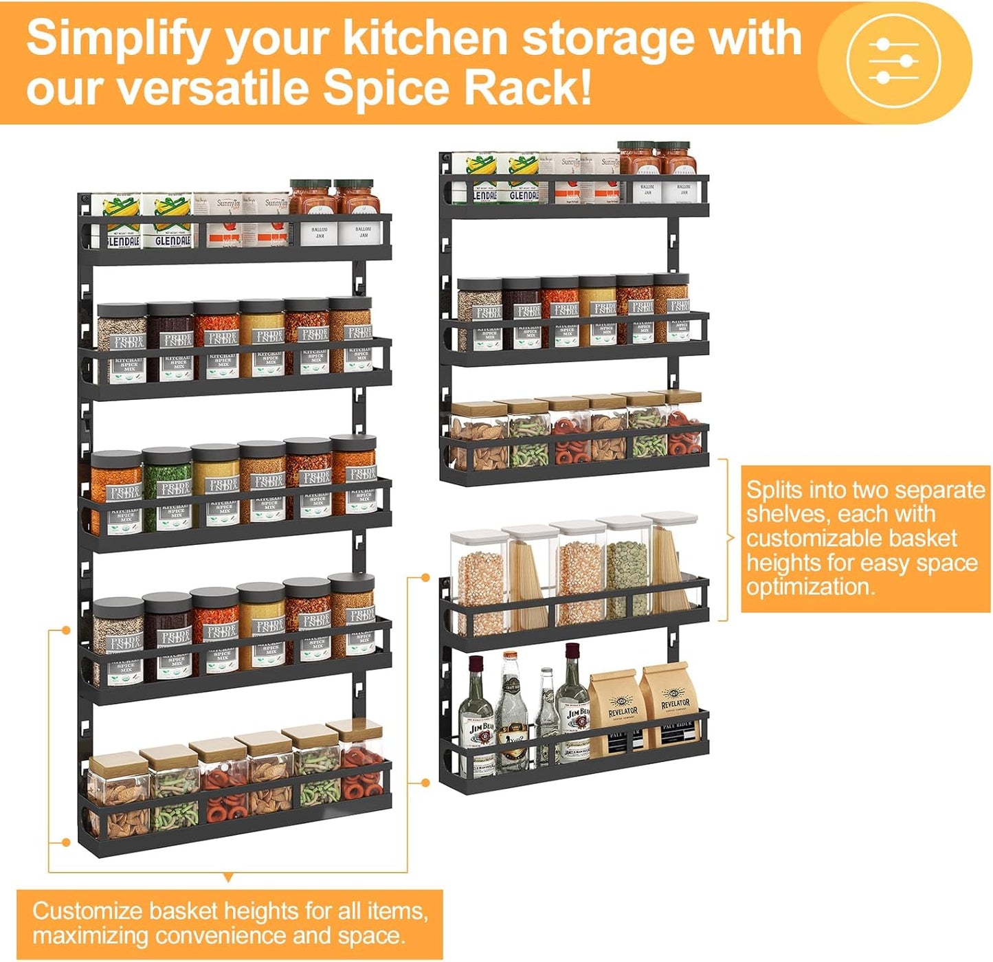 X-cosrack 5-Tier Small Wall-Mounted Spice Rack Organizer, Height-Adjustable, Space-Saving Compact Design for Kitchen Pantry Cabinet, Black