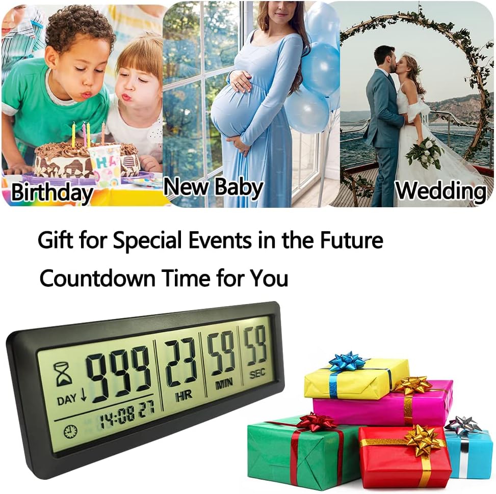 Digital Countdown Days Timer - Black Upgraded Big 999 Days Count Down Clock with Stand Strong Magnetic Back for Vacation Retirement Wedding Holiday