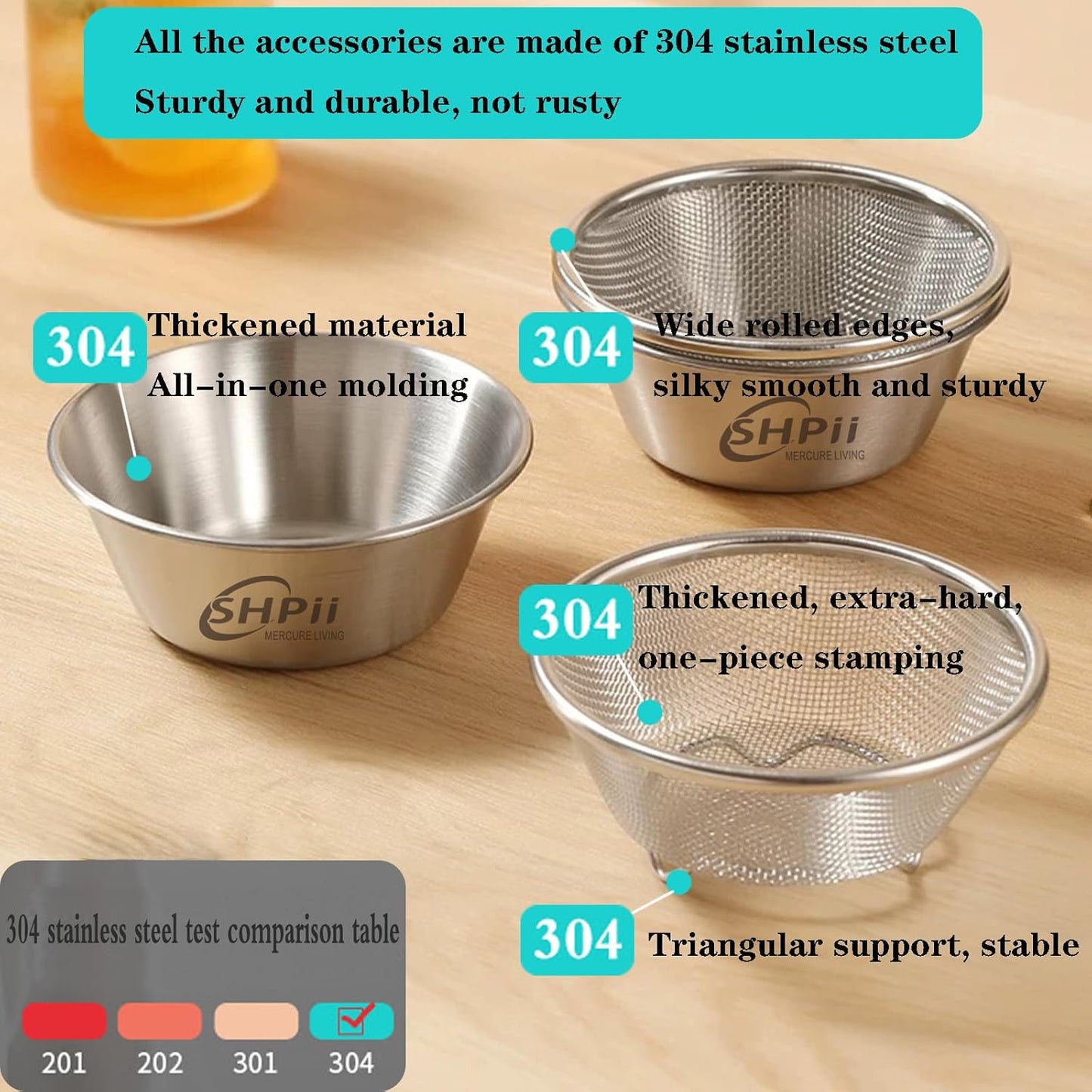 2 Piece Mini 304 Stainless Steel Colander with Mixing Bowl, Kitchen Cooking, Washing Fruits and Vegetables, Back of House Preparation (800ML)