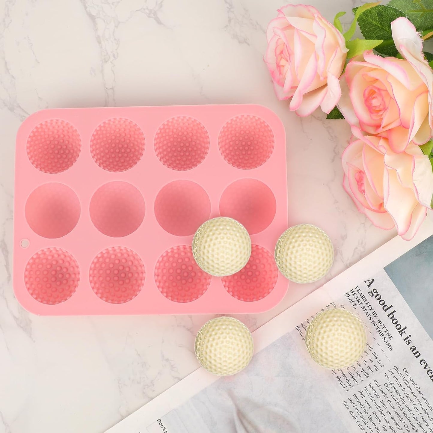 Silicone Golf Ball Chocolate Mold, 12 Cavity Golf Ball Cake Pop Mold for Cake Decorations Hot Chocolate Bombs Candy Fondant and More (Pink)