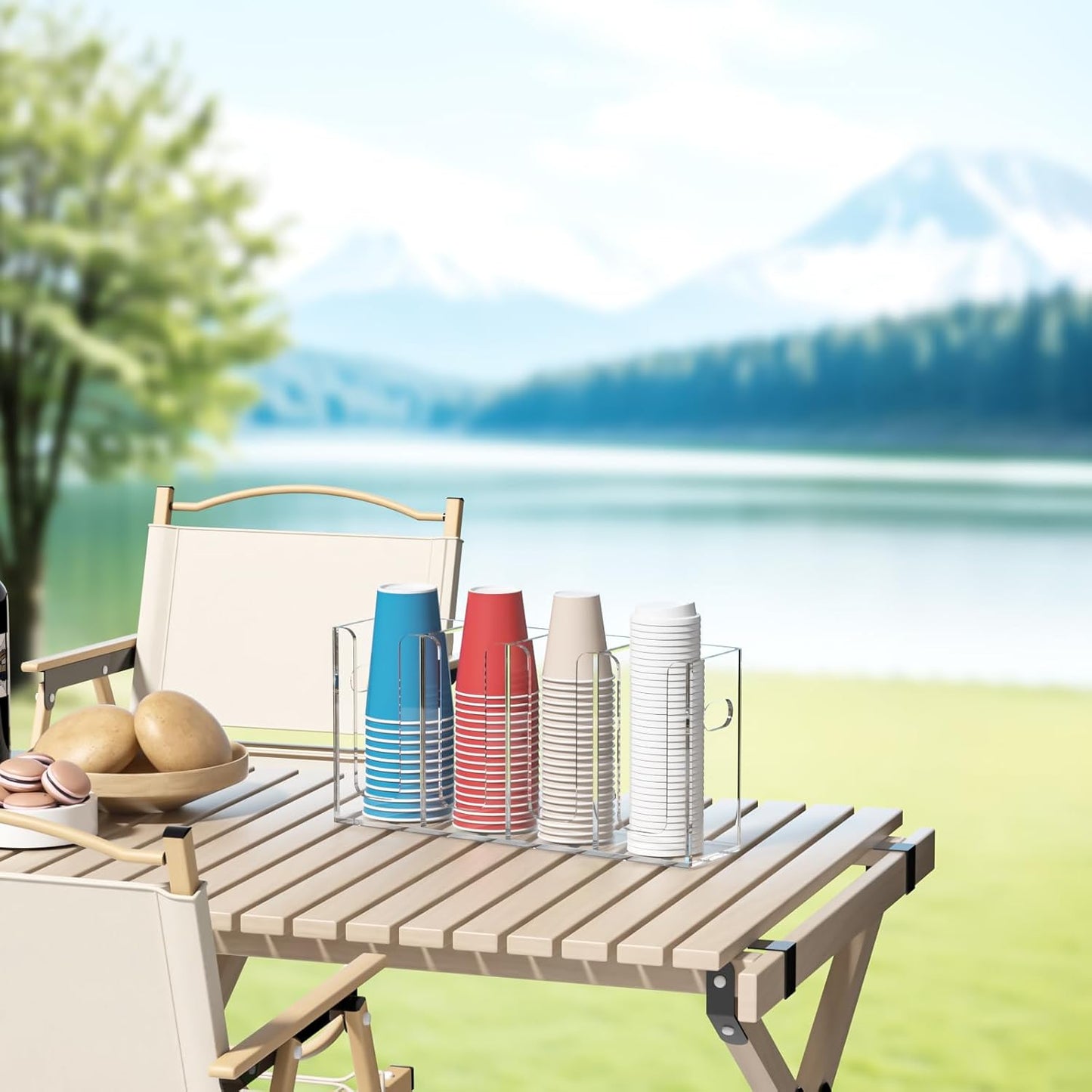 WINFFOR Disposable Cup Organizer Dispenser - 4 Compartments Clear Acrylic Cup and Lid Holder with Handles Plastic Cup Dispenser Countertop Paper Cup Holder for Coffee Bar House Party Essentials