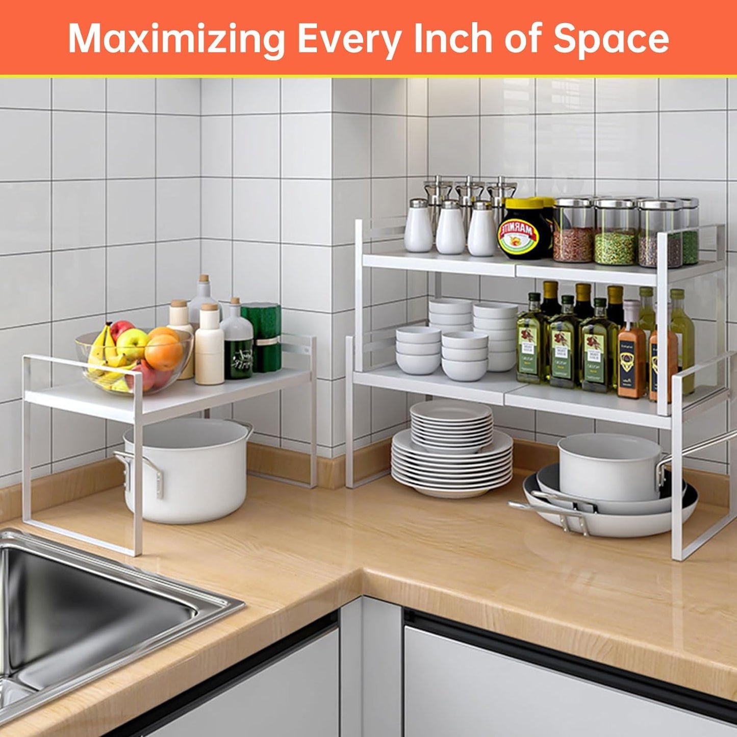 Expandable Cabinet Organizer 14"~25", Kitchen Shelf Organizer Spice Rack 11” wide, Cupboard Organizers And Storage Shelves, Kitchen Counter Organizers, Countertop Cabinets Small Pantry Shelf