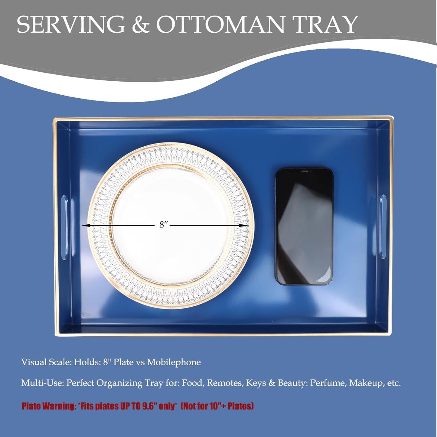 Spsyrine Blue Decorative Serving Tray with Handles, Elegant Plastic Coffee Table Tray for Ottoman, Living Room, Home Decor 15.6" X 10.2"