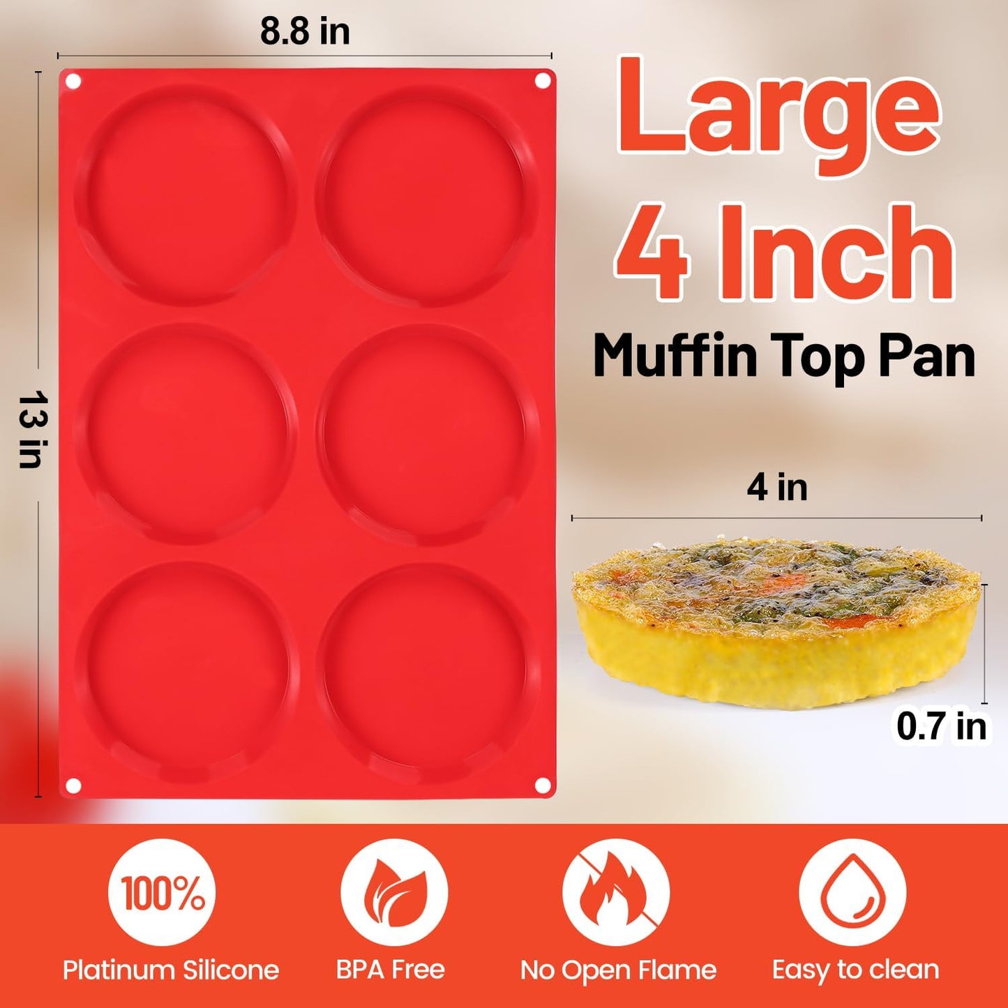 Jumbo Muffin Top Pan, 4 Inch Extra Large Egg Baking Pan for Oven Silicone Molds for Breakfast Sandwiches, English muffins, Whoopie Pies, Corn Bread, Egg bites, 2 Pack Red