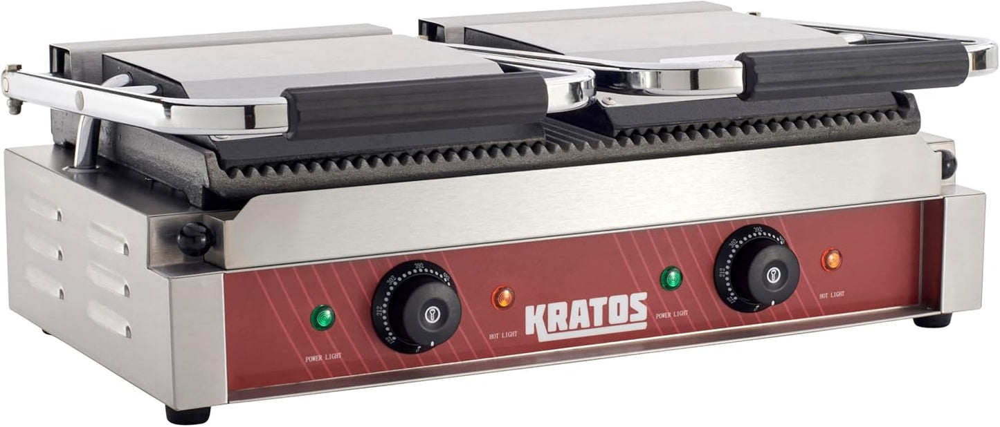 Kratos Commercial Electric Panini Sandwich Grill with Grooved Plates, 18.7" x 9" Cooking Surface, Commercial Countertop Panini Press, 120V, 3500W (29Y-023)