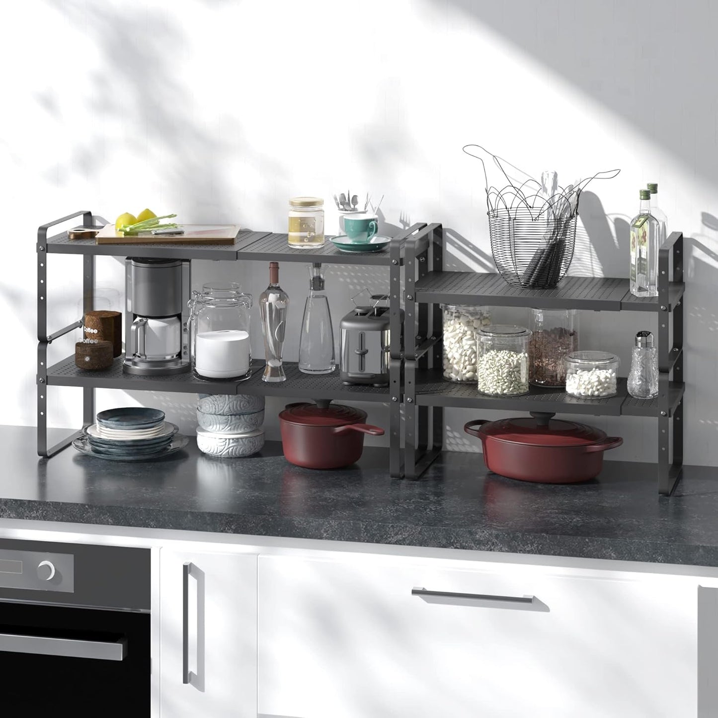 Expandable Cabinet Shelf Organizer Adjustable Metal Spice Rack Stackable Freestanding Counter Storage Shelves for Kitchen Cabinet Under Sink Office Desk (Black - 1Pack - L16.5-27'' * W8'' * H9.6'')