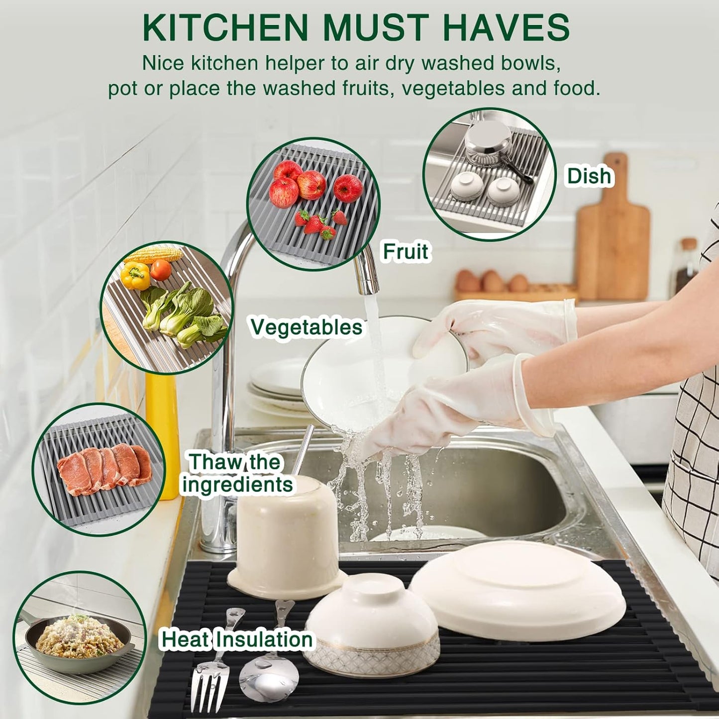 Roll Up Dish Drying Rack Over The Sink Kitchen Roll Up Sink Drying Rack Multipurpose Foldable Sink Drying Mat, Heat-Resistant, Anti-Slip & Anti-Rust Dish Rack for Kitchen, 20.5" x 13", Black