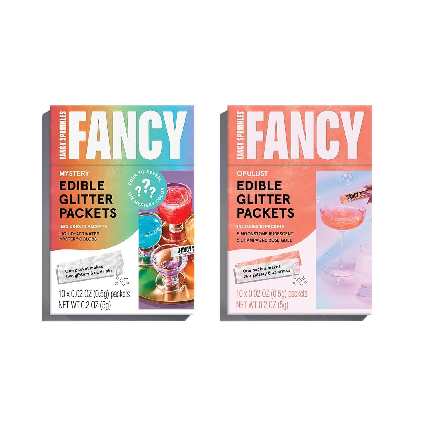 Fancy Sprinkles VIP Set (Opulust and Mystery) Edible Glitter Packets Portable & On-The-Go for Sparkling Drinks, Champagne, Cocktails, Wine, Beer, & more. (2 Pack)