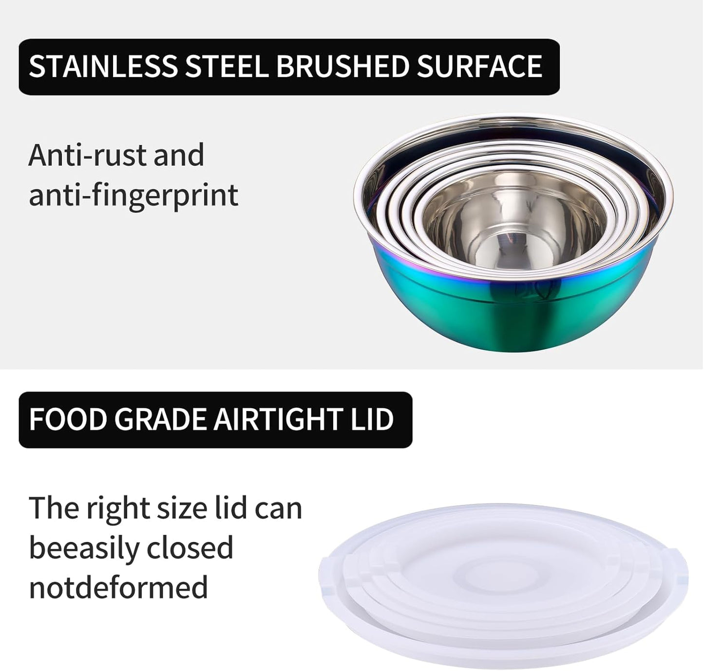 Rainbow Mixing Bowls with Lids Set of 5, Stainless Steel Nesting Bowl with Khaki Lid for Non-slip Mixing Prepping Storing Serving, 5 Sizes-5.5/3.6/2.7/2.1/1.5 QT