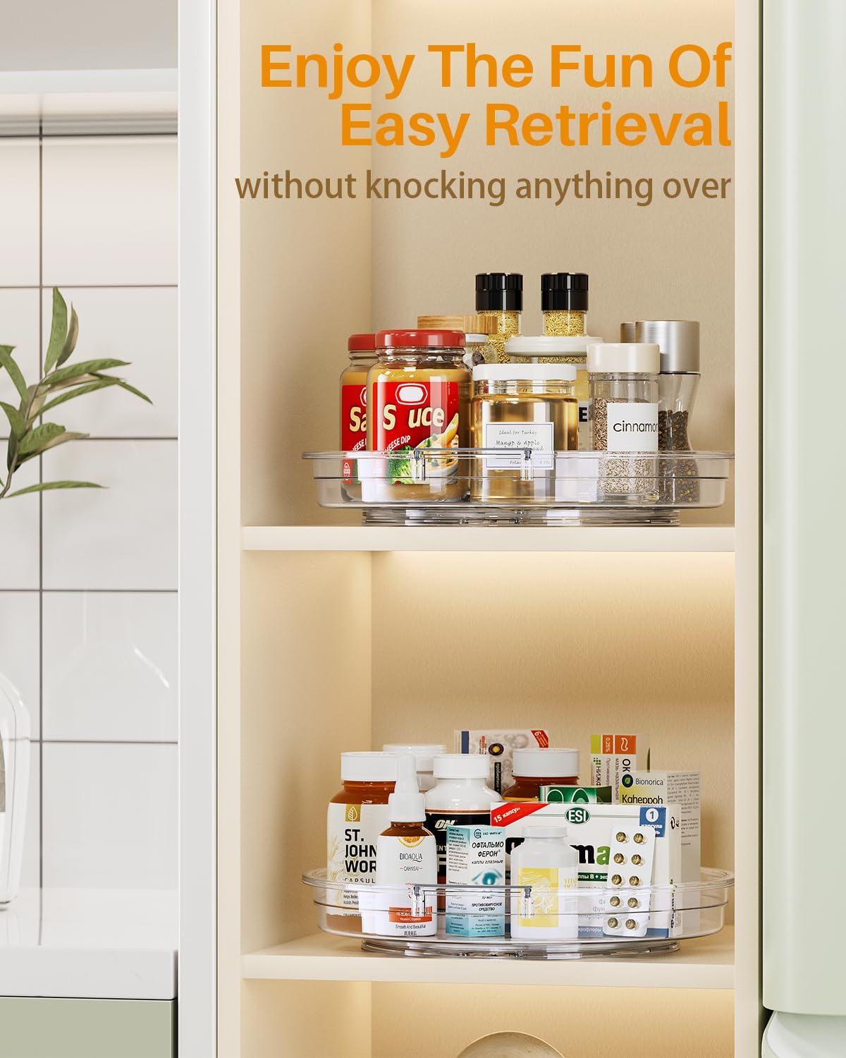 LAMU 2 Pack 10.6in Lazy Susan Organizer Turntable for Cabinet, Clear Lazy Susan for Refrigerator Rotating Organizer for Fridge, Kitchen, Pantry, Countertop, Bathroom, Medicine Cabinet Organizer