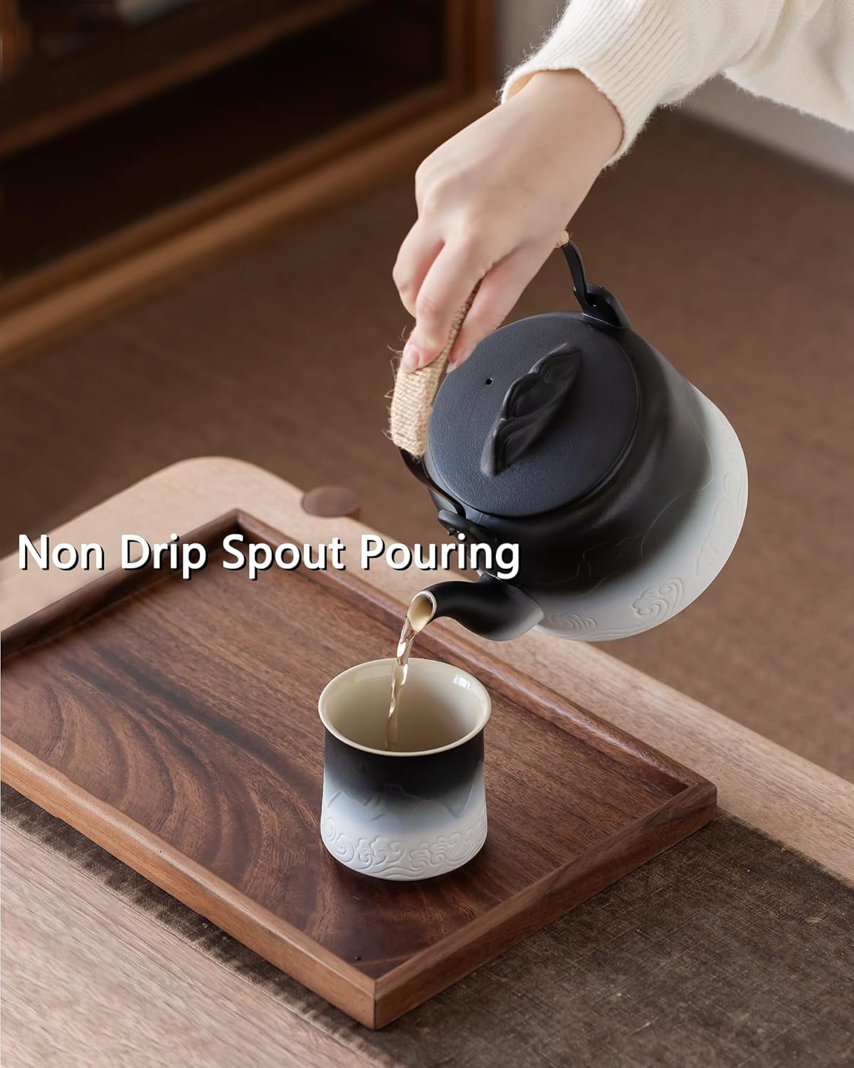 ZENS Vintage Japanese Teapot, 33.8 oz Gradient Embossed Ceramic Loose Leaf Tea Pot with Built-in Filter for Tea Steeper, Hemp Rope Handle Japanese Teapot for Tea Lovers Gifts, Black & White