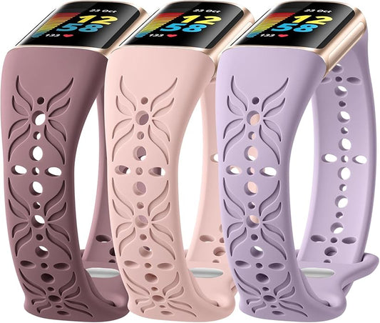 Maledan Slim Engraved Band Compatible for Fitbit Charge 6/Charge 5 Bands Women Men, Elegant Hollow-out Pattern Bracelet Strap Loops Wristbands for Fitbit Charge 5/Charge 6 Fitness Tracker Accessories