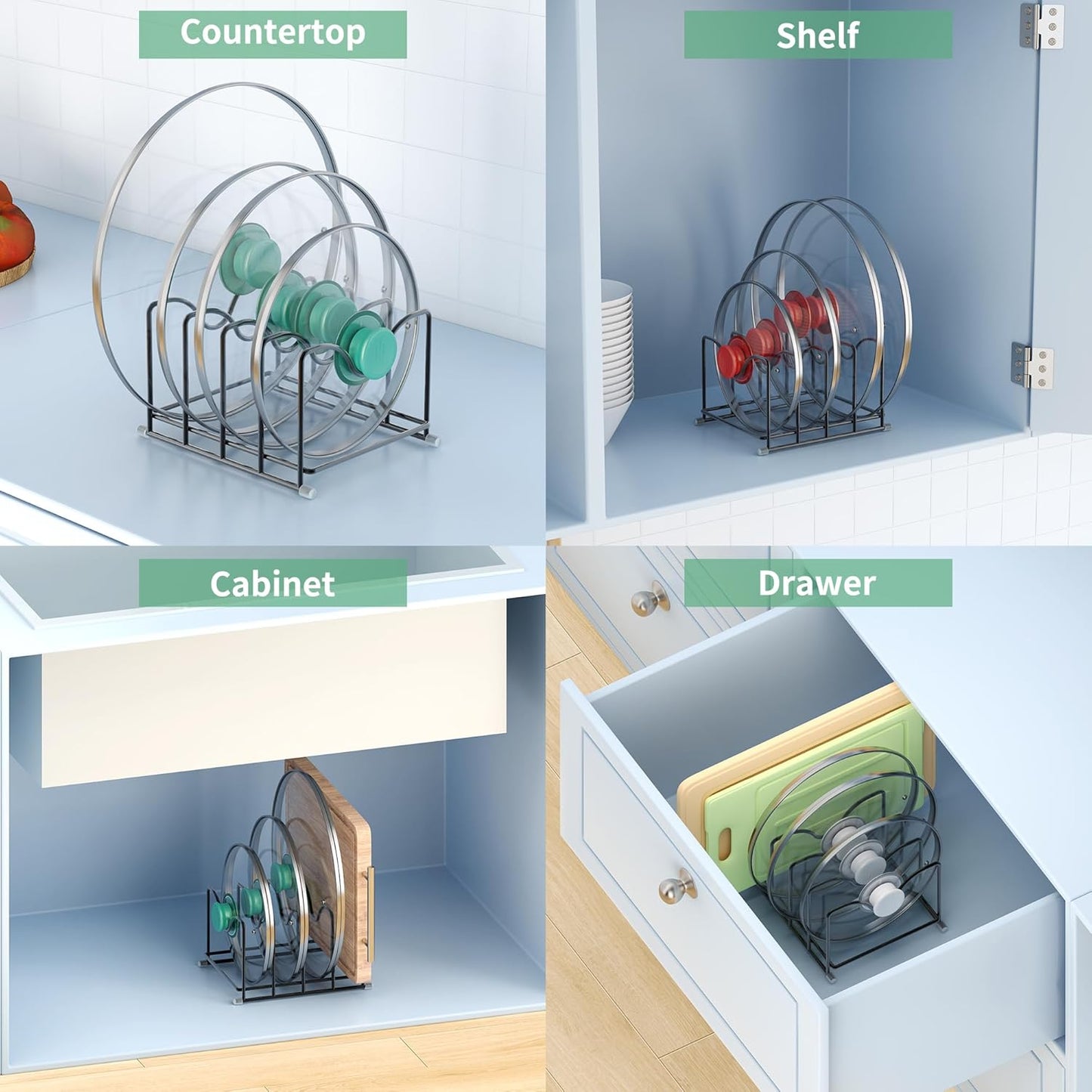 Pot Lid Organizer Rack,1.6in Wide Cutting Board Organizer for Pan Lids,Baking Sheets,Cookie Sheets, with 4 Slots,Cutting Board Holder Rack(2PC-Medium)
