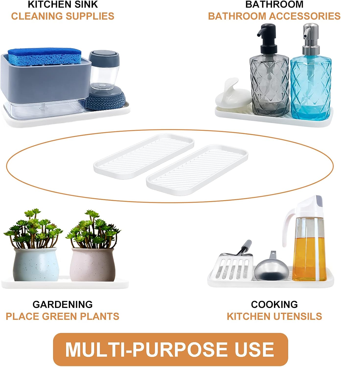 Silicone Organizer Tray, Soap and Sponge Holder for Kitchen Sink, Bathroom - Storage Tray for Dish Brush, Soap Dispenser, Dishwashing Accessories- 2 Pack (White)