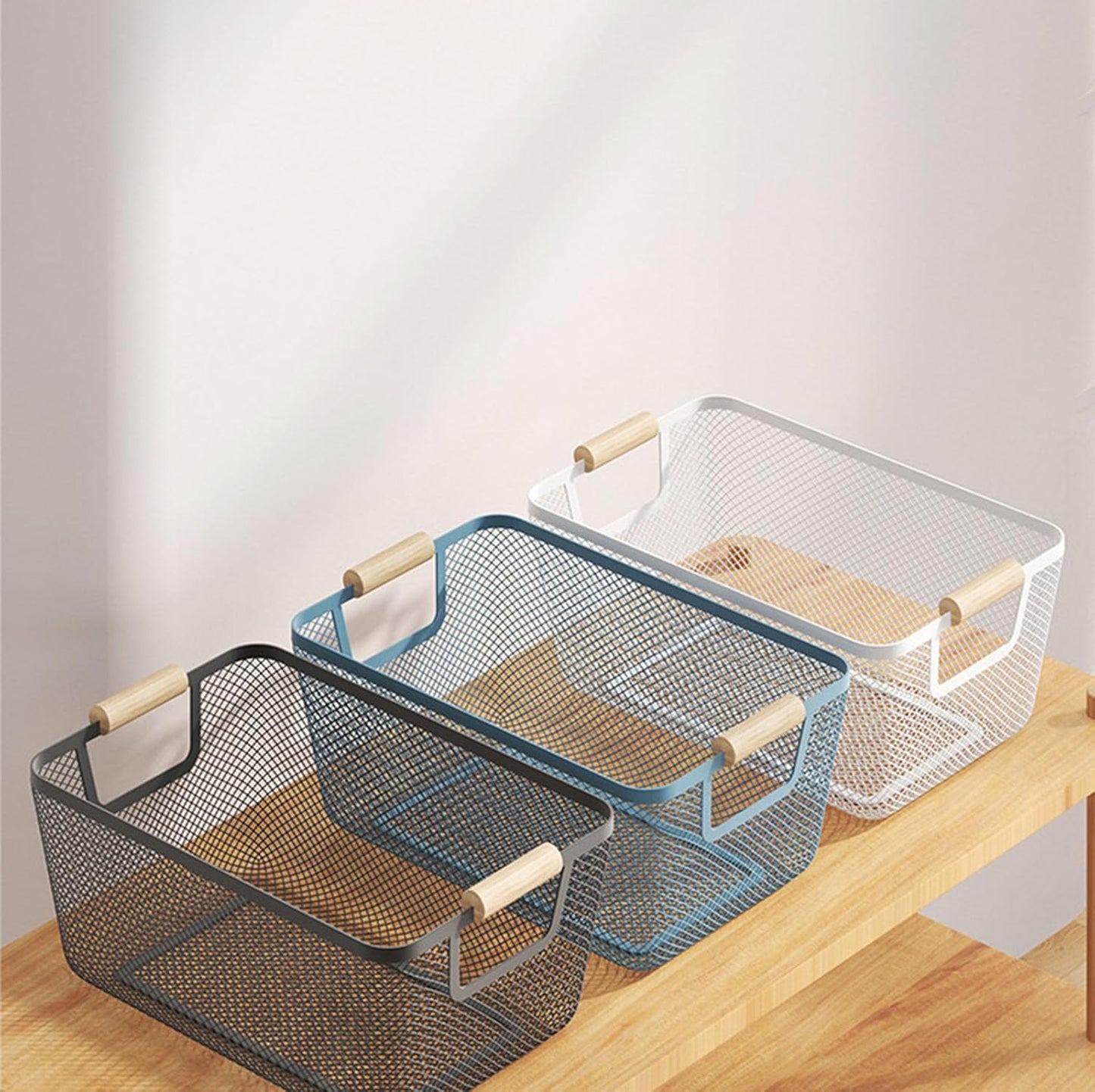 Metal Mesh Steel Basket, Medium Wire Storage Organizer Basket Multi-function Hanging Kitchen Basket with Wood Handle for Kitchen Bathroom Picnic Home, Rectangle-Blue