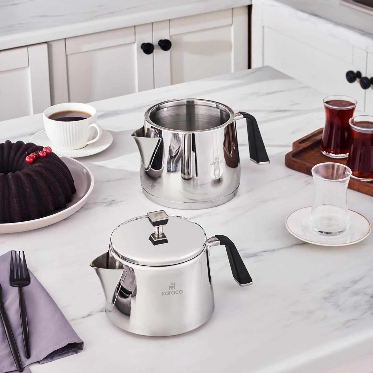 Karaca Fiona Stainless Steel Turkish Teapot Set XL, 1L Tea Pot & 2L Water Tank (Kettle), Stove Top/Induction Compatible, Elegant Silver Design, Easy to Clean, Non-Flammable Handles