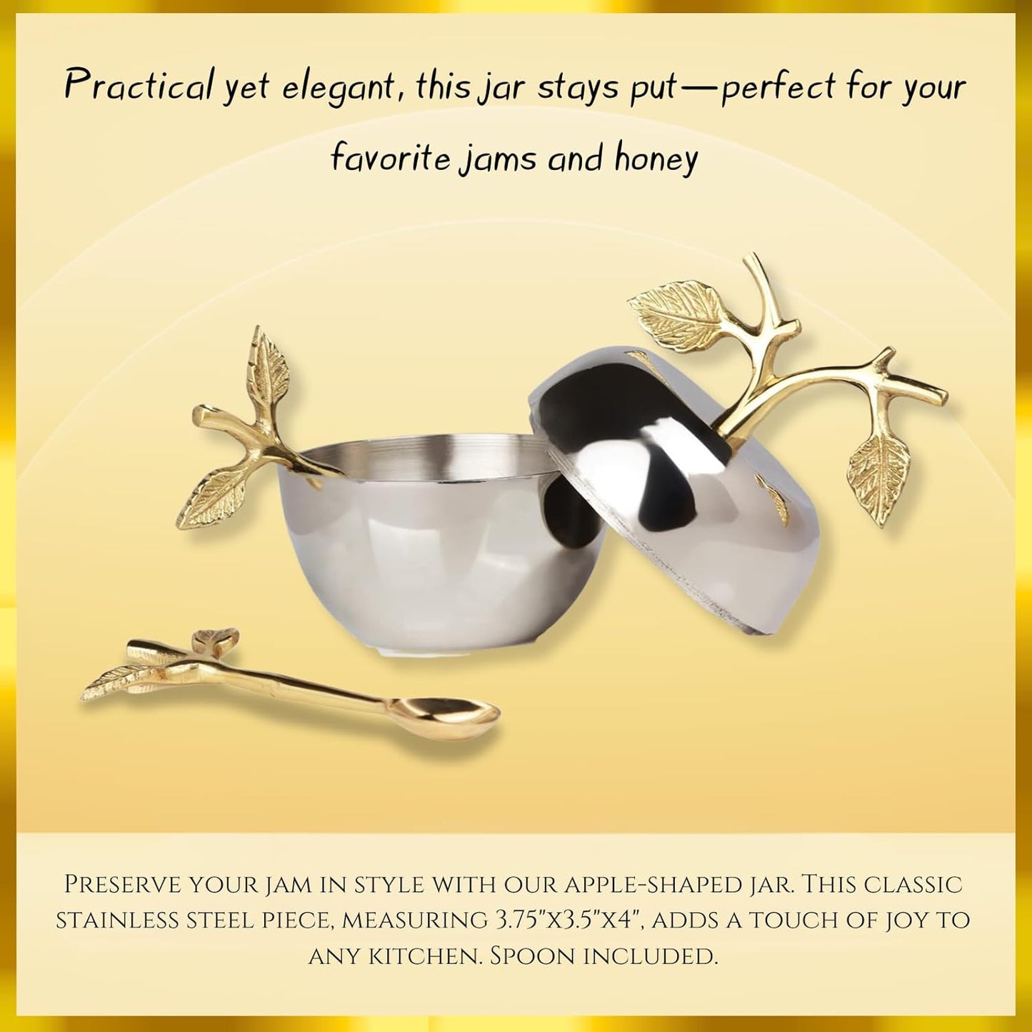 Silver Honey Jar Dish, Apple & Leaf Honey, Jam Server with Dipper Spoon Ideal for Serving Honey, Jams, Jellies, Gorgeous Gold Leaf Spoon, Stainless Steel & Brass, Everyday Rosh Hashanah & any Occasion