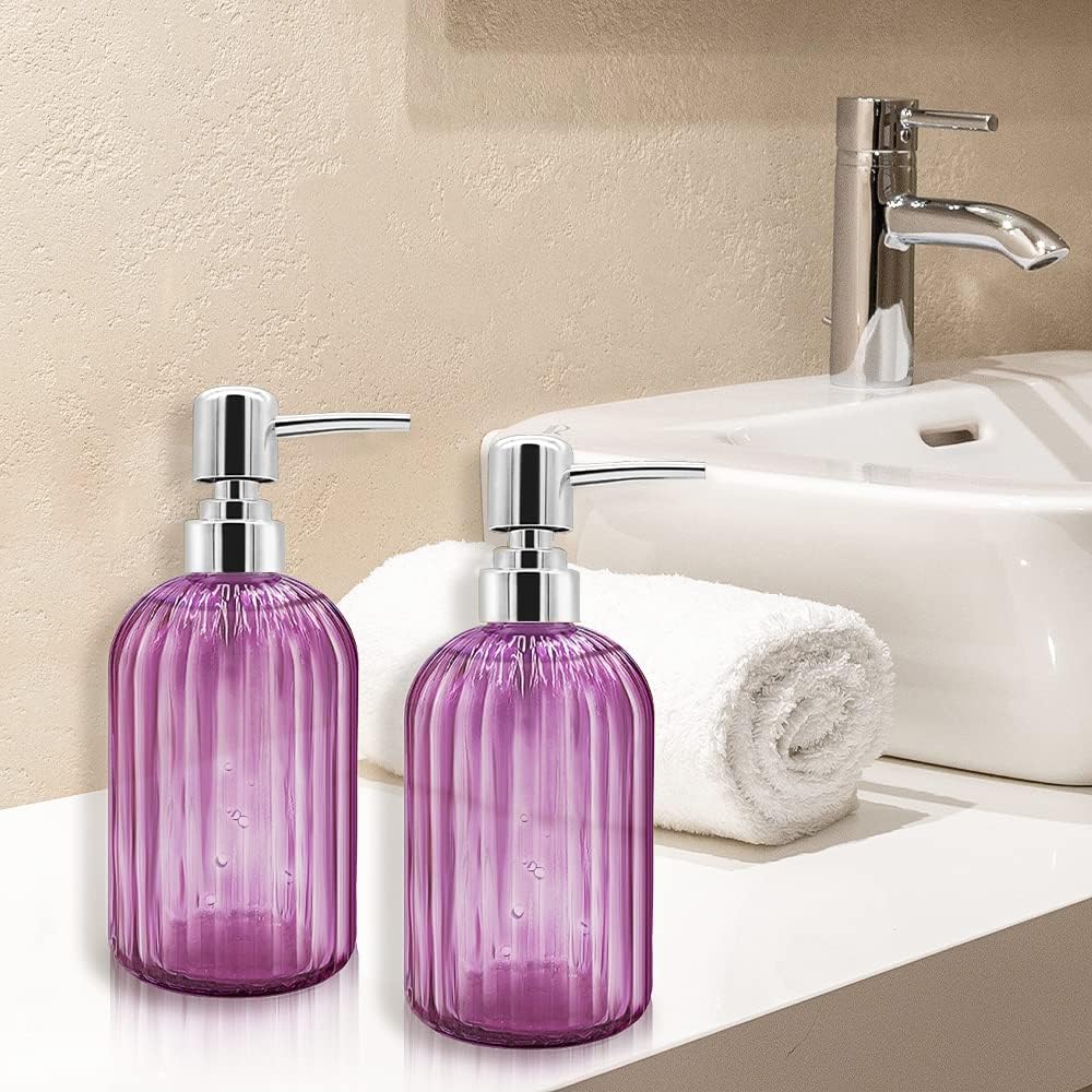 Soap Dispenser - 2 Pack 14 Oz Kitchen Soap Dispenser with Pump, Bathroom Transparent Soap Dispenser Bottle for Hand Soap, Dish Soap or Lotion (Purple)
