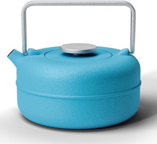 Toptier Teapot with Removable Infuser, Cast Iron Tea Kettle Stovetop Safe, Solid Geometry Cylinder Design Tea Pot Coated with Enameled Interior for 27 Ounce (800 ml), Blue