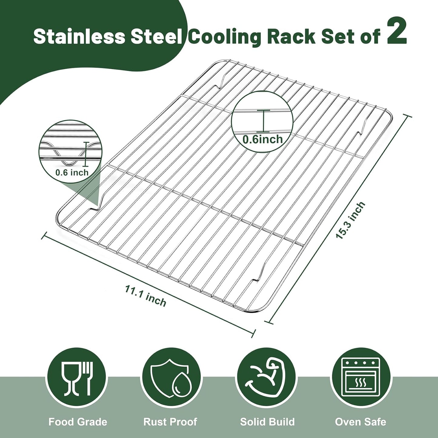 TeamFar Cooling Rack, 15.3” x 11.1” Stainless Steel Wire Baking Rack for Cooking Roasting Grilling, Fit for Oven Pan, Oven & Dishwasher Safe, Non-toxic & Heavy-Duty, 2PCS