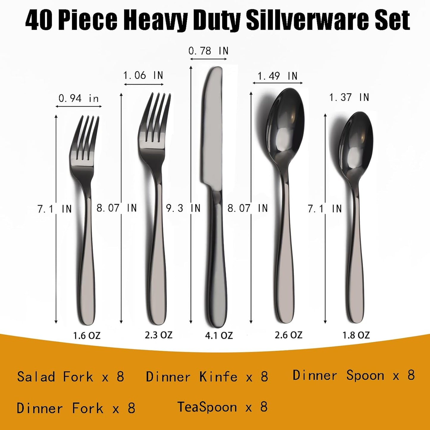 40-Piece Black Silverware Set, Flatware Set for 8, Food-Grade Stainless Steel Tableware Cutlery Set, Mirror Finished Utensil Sets for Home Restaurant, Forks Spoons and Knives Set, Dishwasher Safe