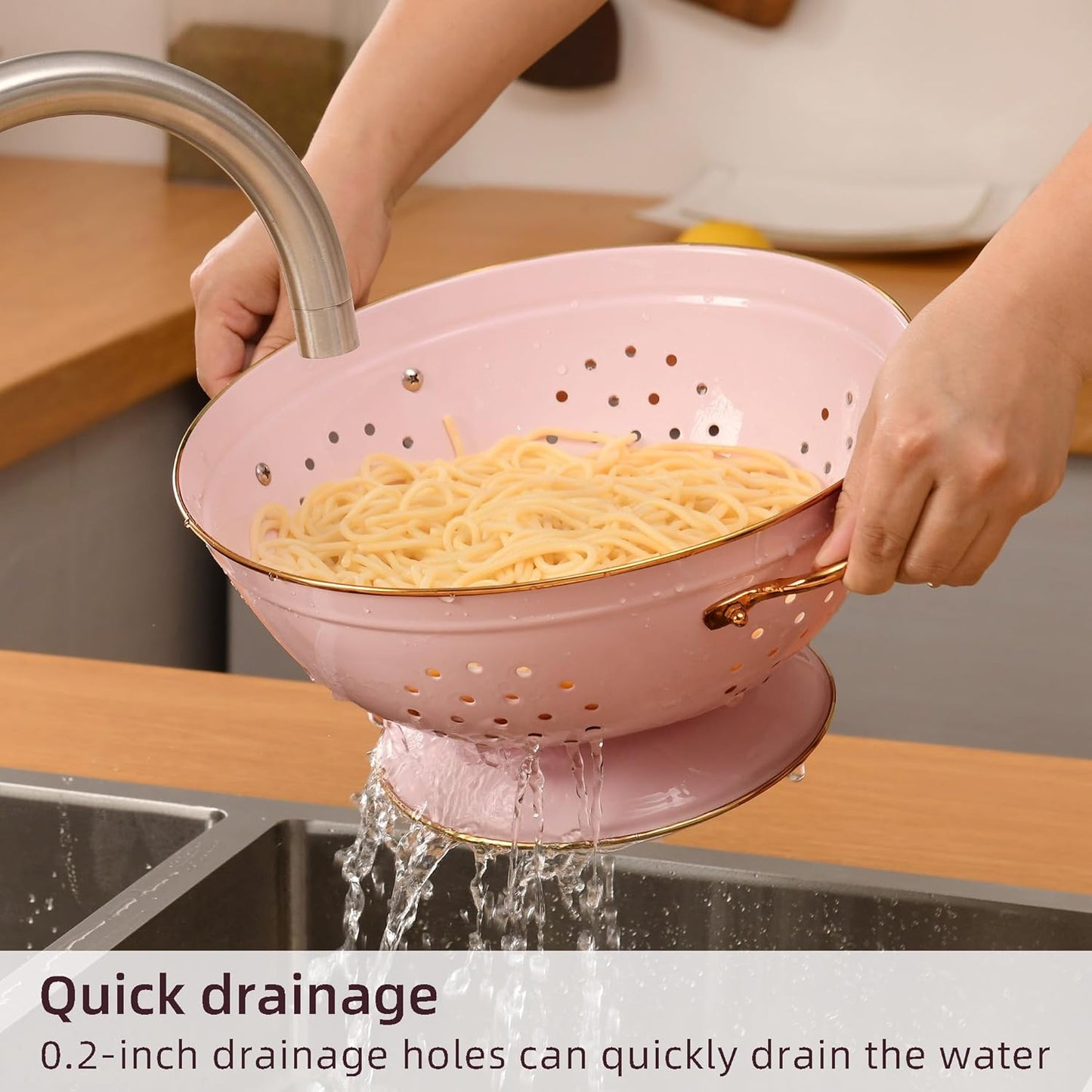 Metal Colander Set of 2, Strainer Basket with Handles 3.5 & 5 Qt Powder Coated Self-draining Solid Ring Base Metal Large Kitchen Colander Bowel for Pasta Vegetable Fruit (PINK), 2pack