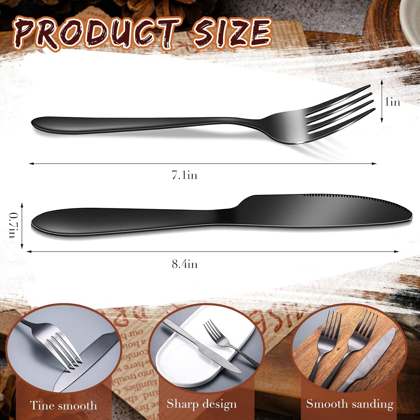 Nuenen 50 Pieces Stainless Steel Forks Silverware Set Dinner Forks and Knives Flatware Tableware Cutlery Set for Kitchen Restaurant(7.1 x 1 Inch, 8.4 x 0.7 Inch,Black)