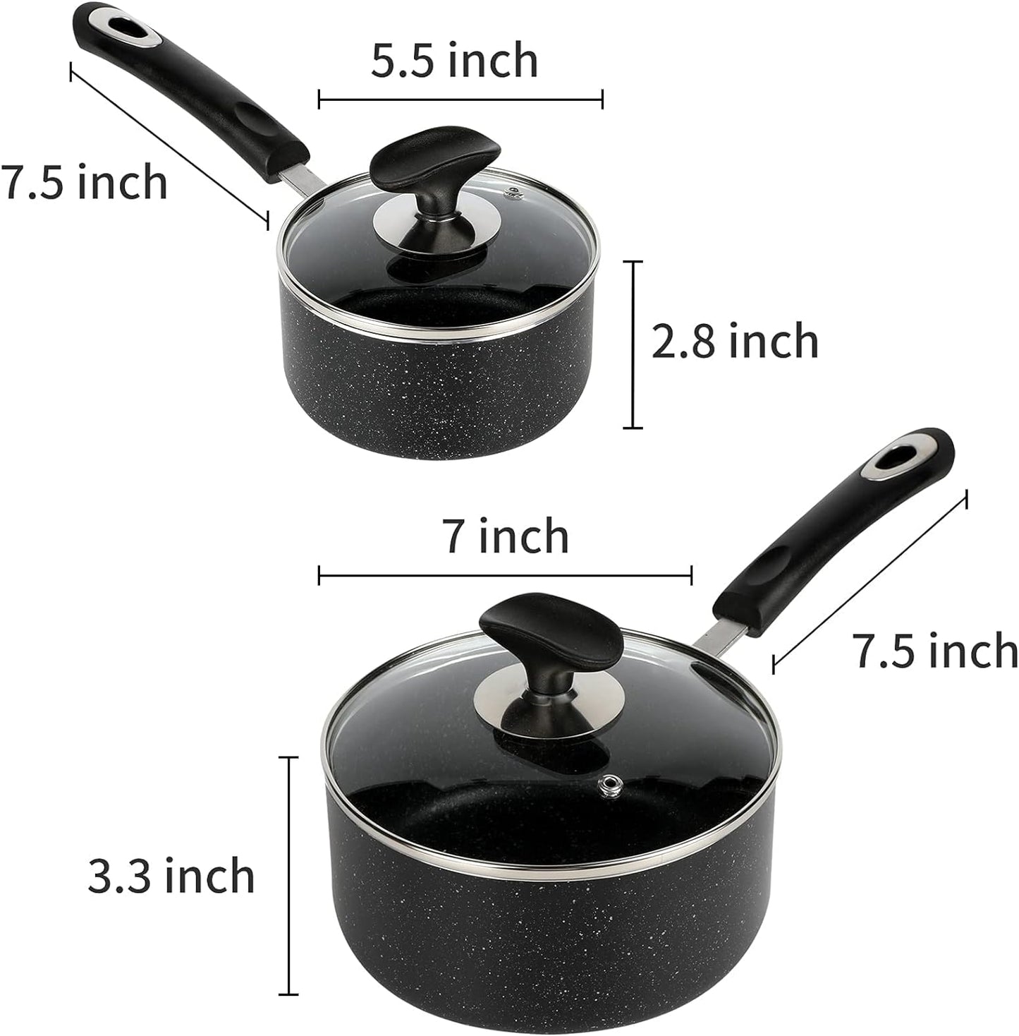 Nonstick Saucepan Set - 1 Quart and 2 Quart,Ultra Non Stick Sauce Pan Small Pot with Glass Lid,Great for Home Kitchen Restaurant,Black