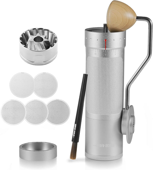 MHW-3BOMBER R3 Manual Coffee Grinder with CNC Stainless Steel Conical Burr and 5 Screen for French Press, Drip, Espresso, External Adjustable, Hand Coffee Bean Grinder with Magnetic Bin, G5934S-OS