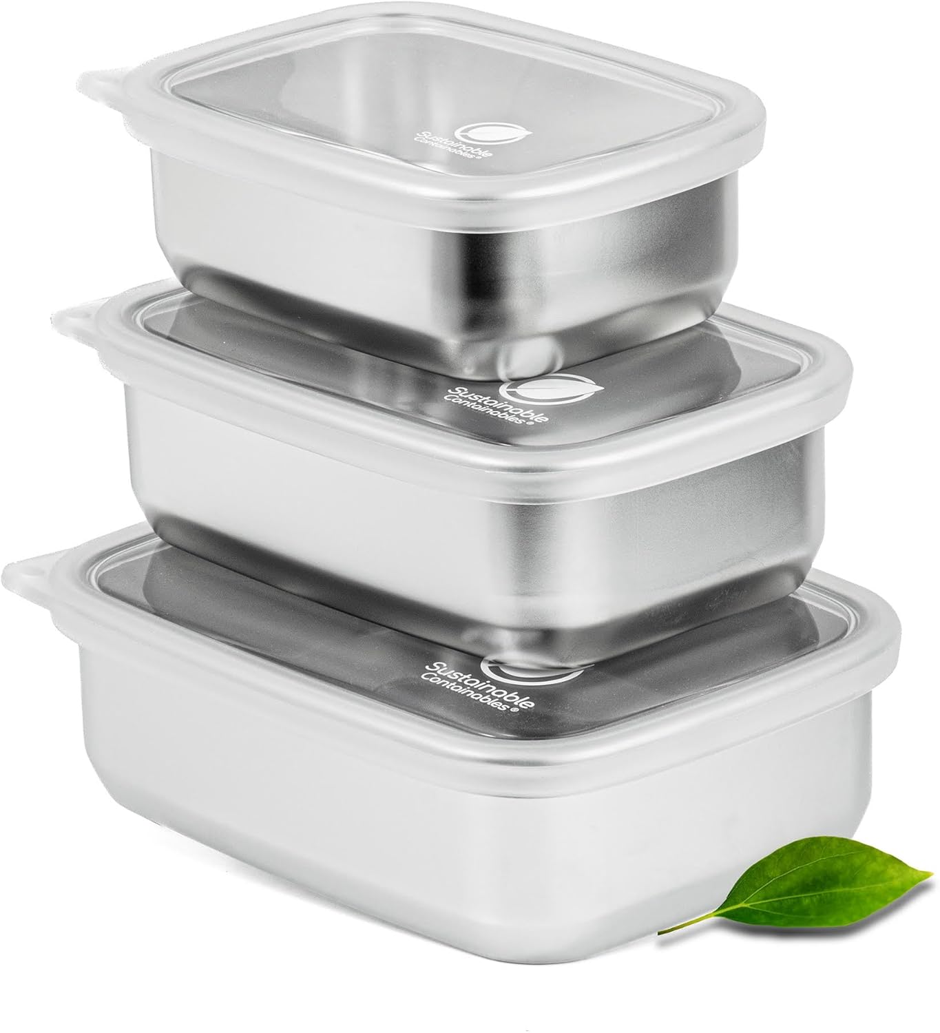 Stainless Steel Food Storage Containers with Clear Platinum Silicone Lids, Airtight, Leakproof 18/8 (304) Food Grade SS Nested 3Pk 20/30/40 oz Plastic-Free