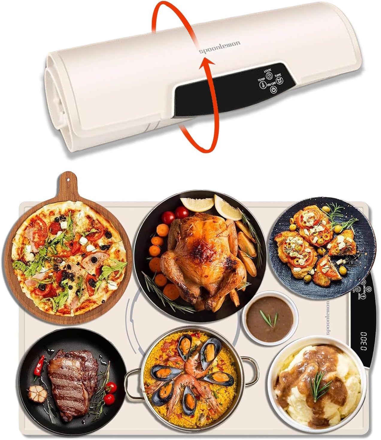 Electric Food Warming Tray, Full-Surface Warming Mat, Roll Up Silicone Heating Tray for Kitchen, Adjustable Temperature Settings & Timer, Food Warmer for Gatherings, Parties, Travel, Beige