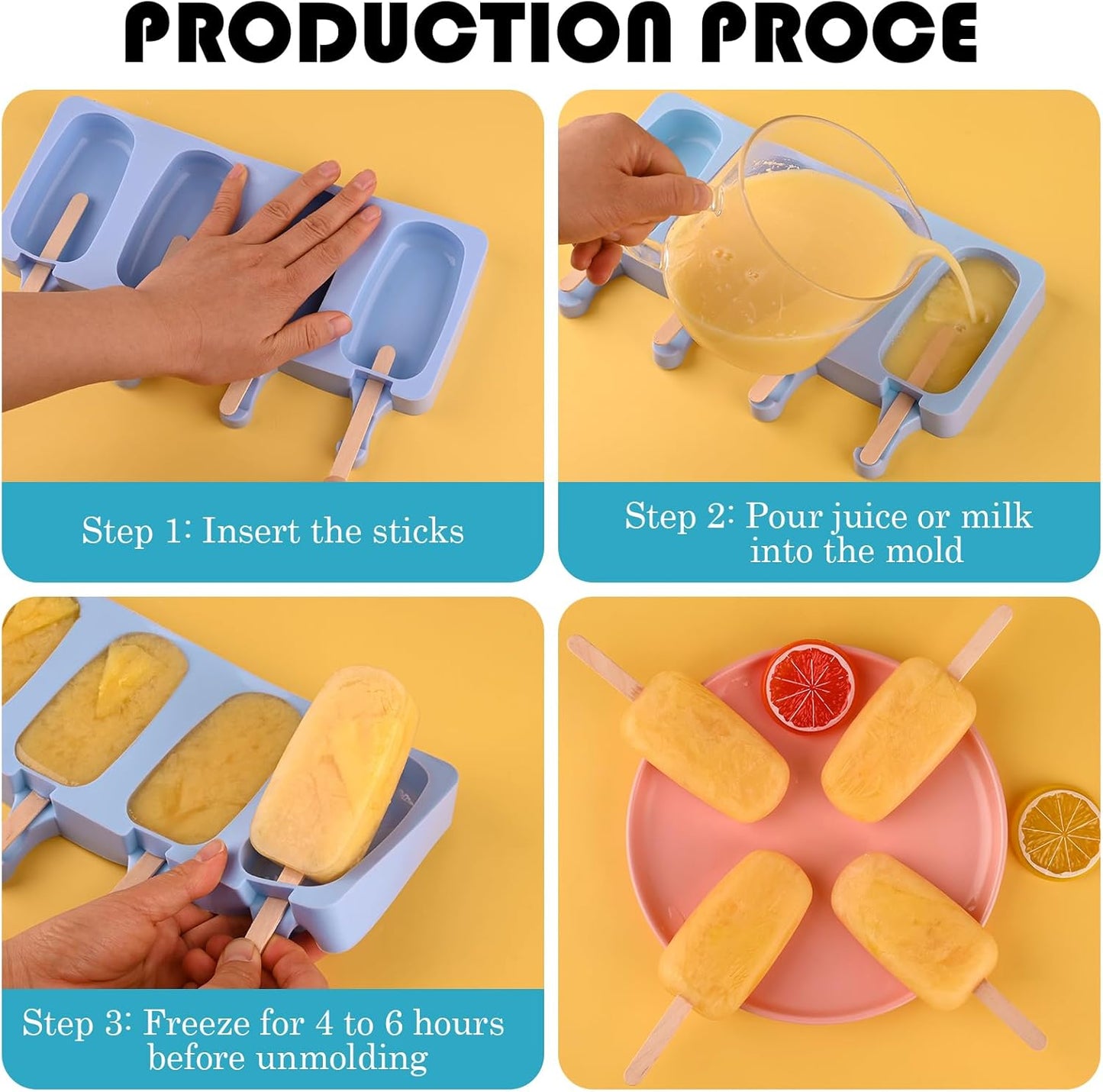 Sakolla Silicone Popsicle Molds Set of 3, Large Oval 4 Cavities Homemade Ice Pop Molds with 150 Wooden Sticks for Ice Cream, Cakesicles, Cake Pop (Blue)