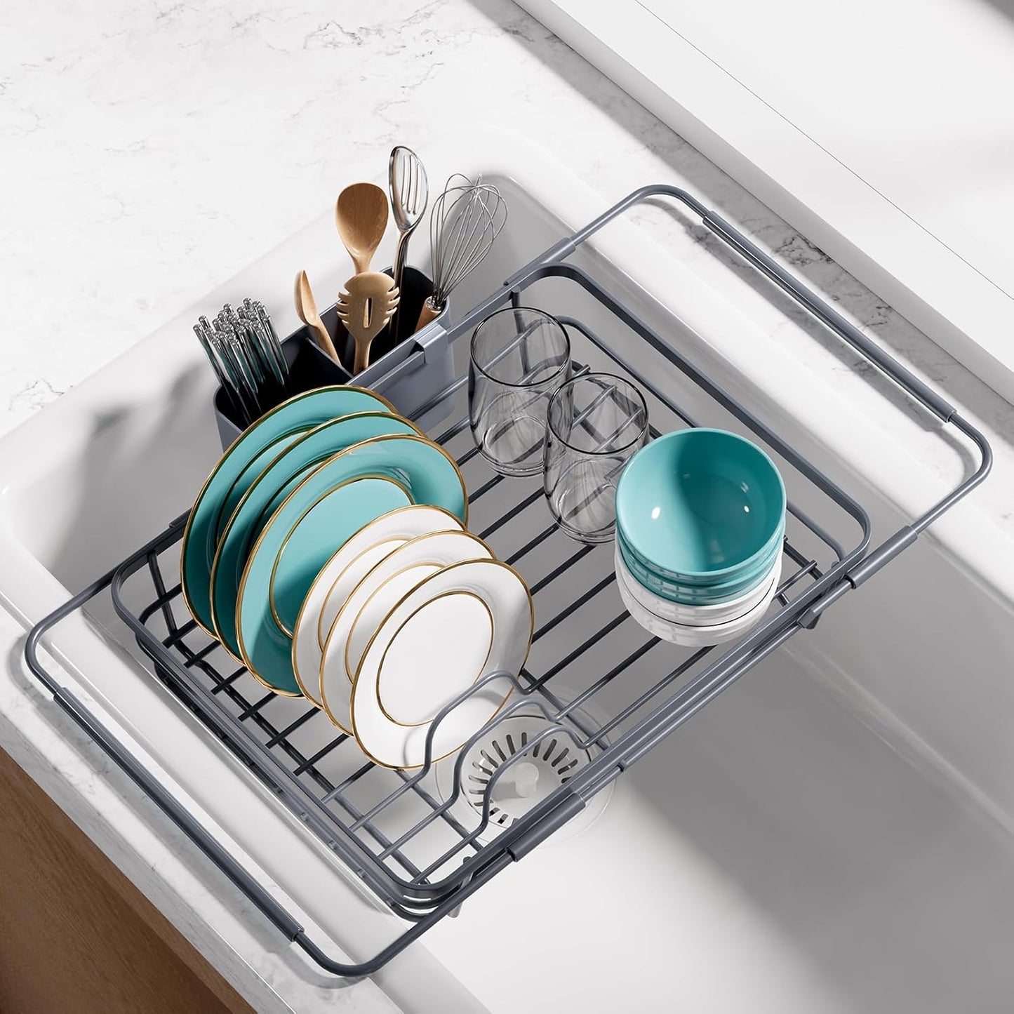 Over Sink Dish Drying Rack with Drain Board, Stainless Steel 2 in 1 Sink Organization and Storage, Dish Drainer for Kitchen Counter, Home and Apartment Essentials, 12" W x 16.1~23" L, Gray