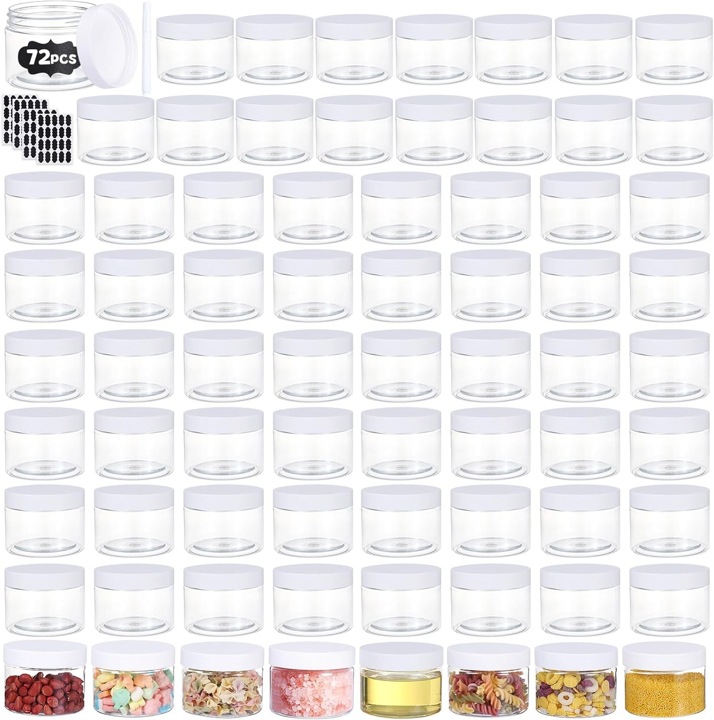 72pcs 4 oz Plastic Containers with Lids Labels Leak Proof BPA Free Airtight Refillable Clear Small Containers Storage Jars for Storing Dry Food Slime Honey Jam,white