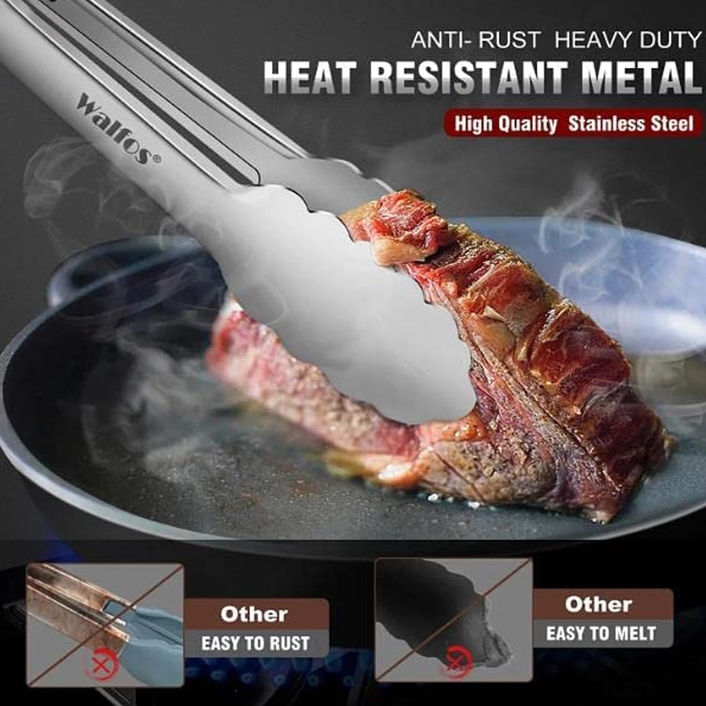 Walfos Stainless Steel Tongs, 3-Piece Set (7", 9", 12") - Heavy Duty, Heat Resistant, Non-Slip Grip, BBQ Grilling & Cooking Tongs