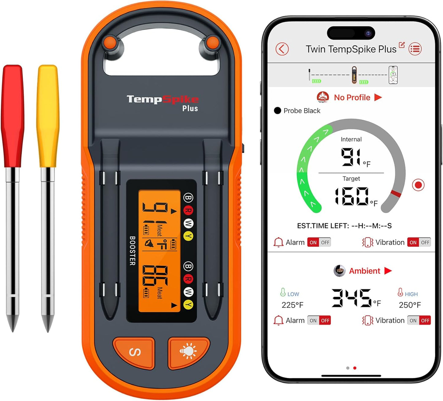 ThermoPro TempSpike Wireless Meat Thermometer with 2 Ultra-Thin Meats Probes, Bluetooth Meat Thermometer with Stand-Alone LCD Booster for BBQ, Oven, Grill, Kitchen, Smoker, Rotisserie, Red and Yellow