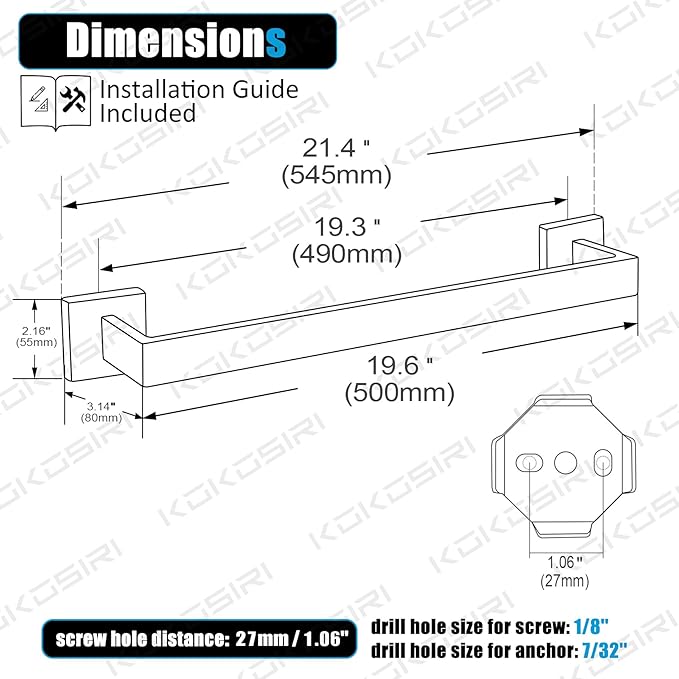 KOKOSIRI 20-Inch Single Towel Bar SUS304 Stainless B4003CH-L20
