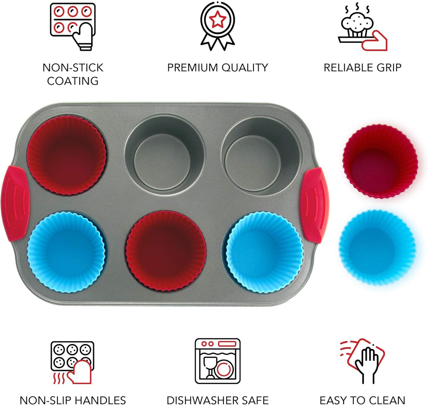 Boxiki Kitchen Non-Stick Steel 6 Cup Muffin Pan with Silicone Handles and Reusable Liners - Perfect for Baking Large Muffins and Cupcakes