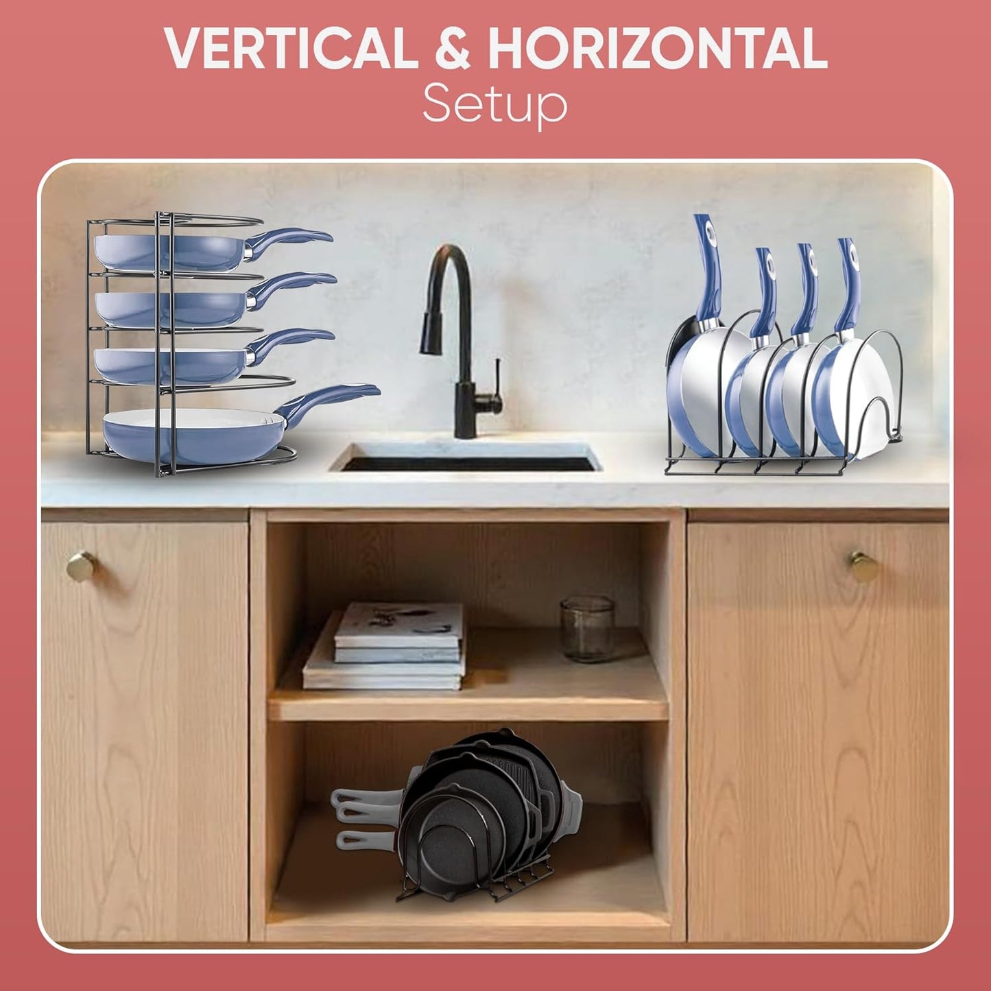 Heavy-Duty Pots and Pans Organizer | 5-Tier Cookware & Lid Storage Rack | Free-Standing or Wall-Mount | Kitchen Organizer for Cast Iron Skillets, Pots, Frying Pans, Lids | Black