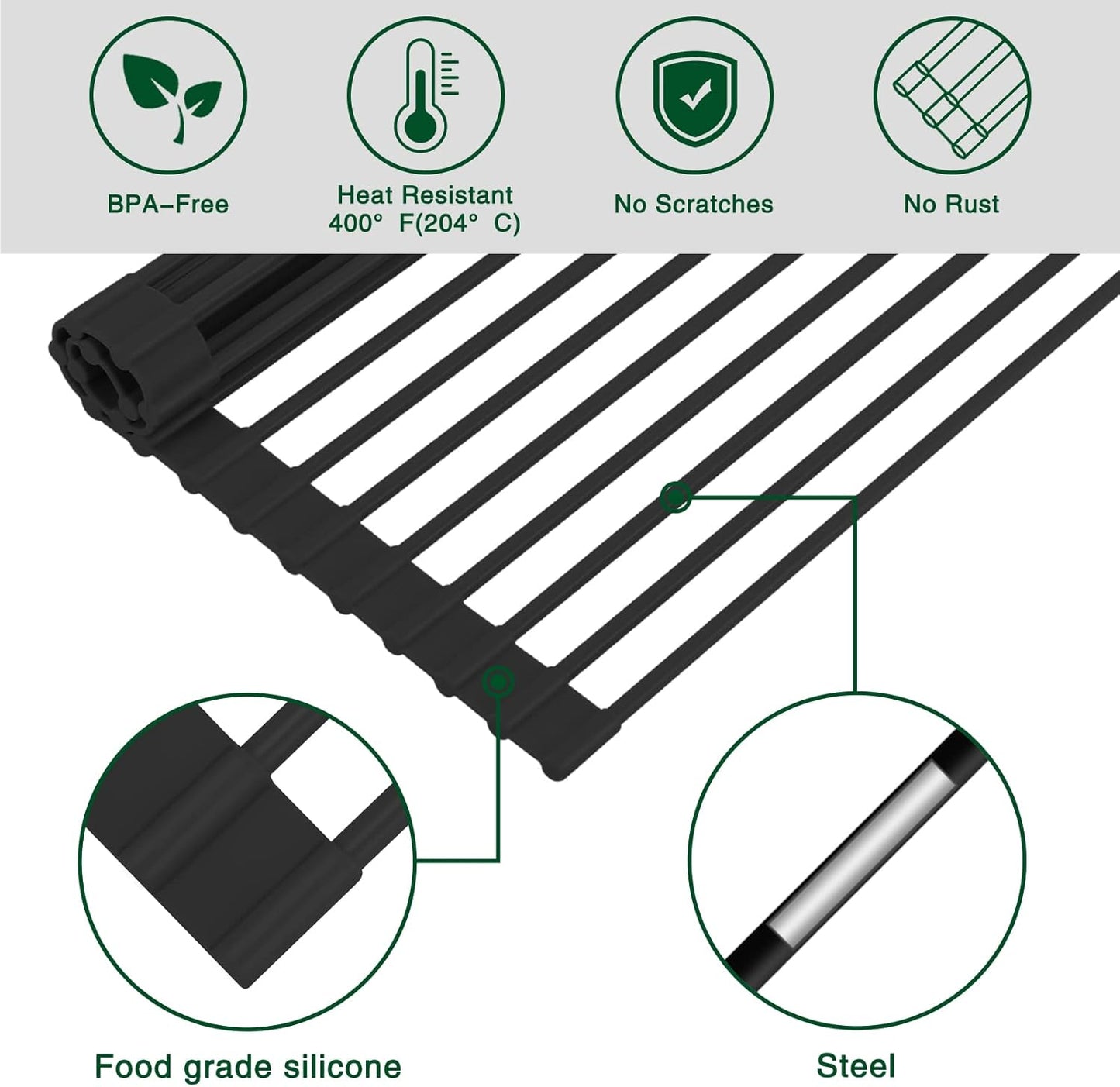 Roll Up Dish Drying Rack Over The Sink Kitchen Roll Up Sink Drying Rack Multipurpose Foldable Sink Drying Mat, Heat-Resistant, Anti-Slip & Anti-Rust Dish Rack for Kitchen, 17" x 13", Black