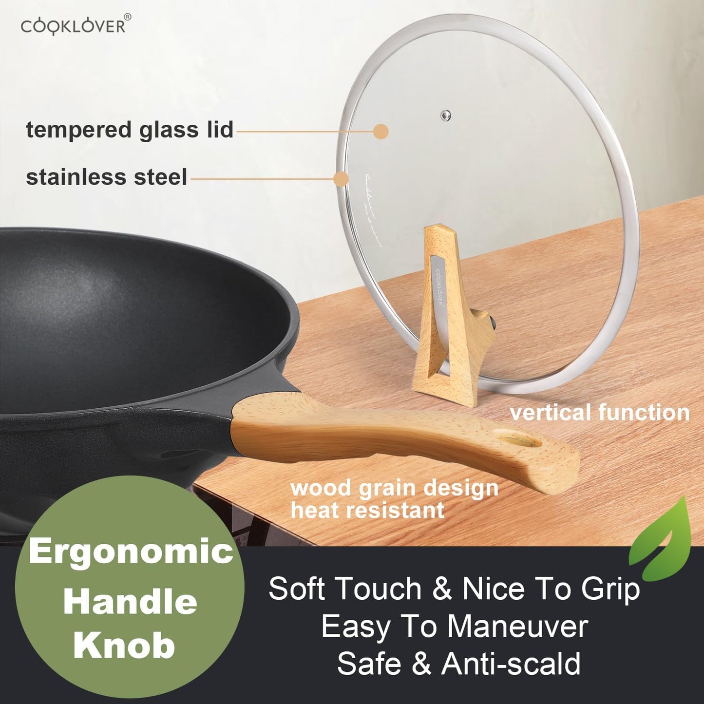 COOKLOVER Nonstick Woks And Stir Fry Pans Die-cast Aluminum Scratch Resistant 100% PFOA Free Induction Wok pan with Lid 12.6 Inch - BK