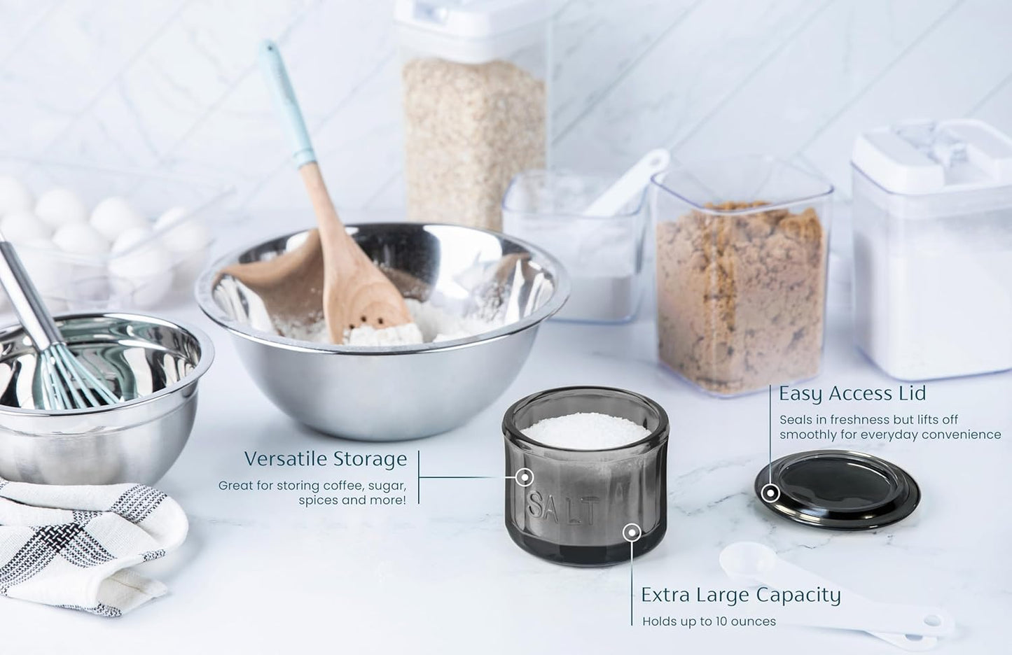 KooK Glass Salt Cellar, with Lid, Embossed Pressed Glass, Clear Storage Container, for Coffee, Sugar, Spices and Candies, 10 oz (Black)